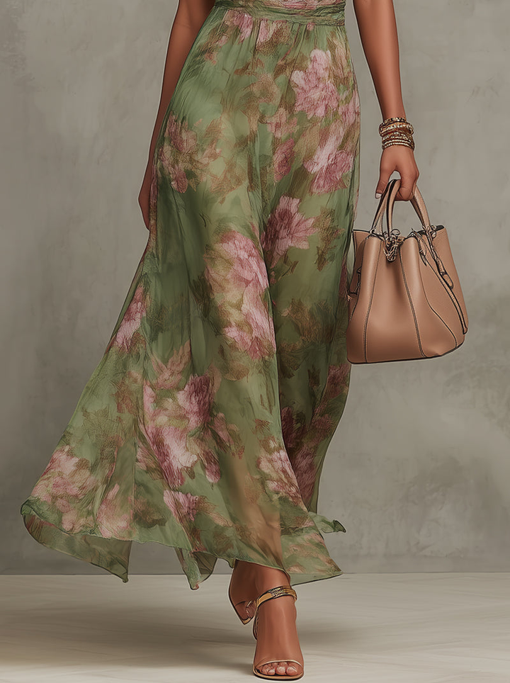Grünes Damen Maxikleid mit Blumenmuster und Halter-Ausschnitt in Detailansicht
