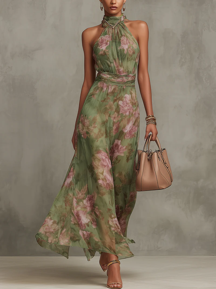 Damen Maxikleid mit Blumenmuster in Grün vorne präsentiert