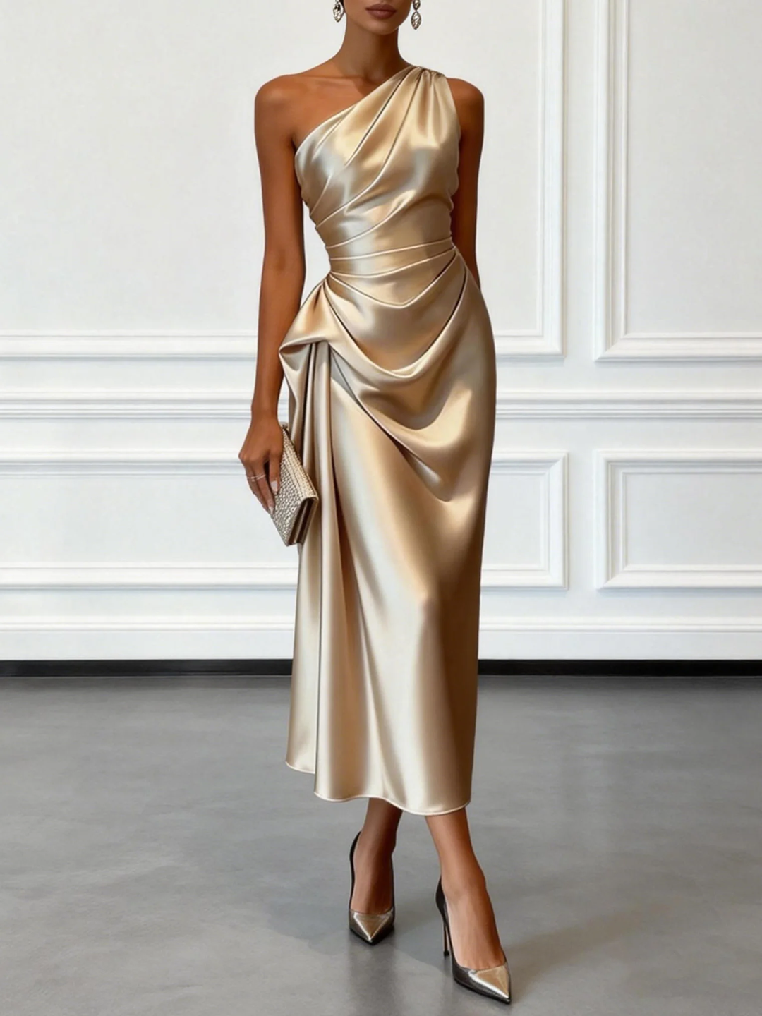 Damen One-Shoulder Midi-Kleid in Champagner mit Rüschen