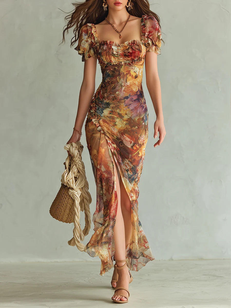 Elegantes Damen Maxikleid geblümt. Fließende Silhouette, ideales Sommer- oder Festkleid.