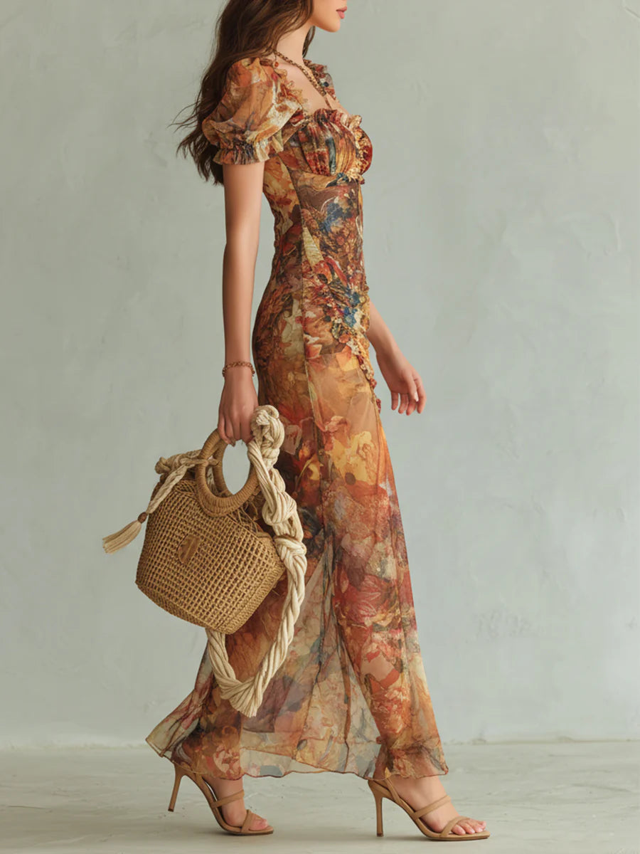Damen Sommer Maxikleid mit Blumenmuster. Lockeres Freizeitkleid für Urlaub oder Alltag.