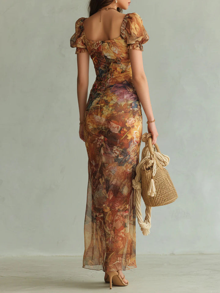 Geblümtes A-Linien Maxikleid für Damen in Orange. Perfektes Sommerkleid oder Strandkleid.
