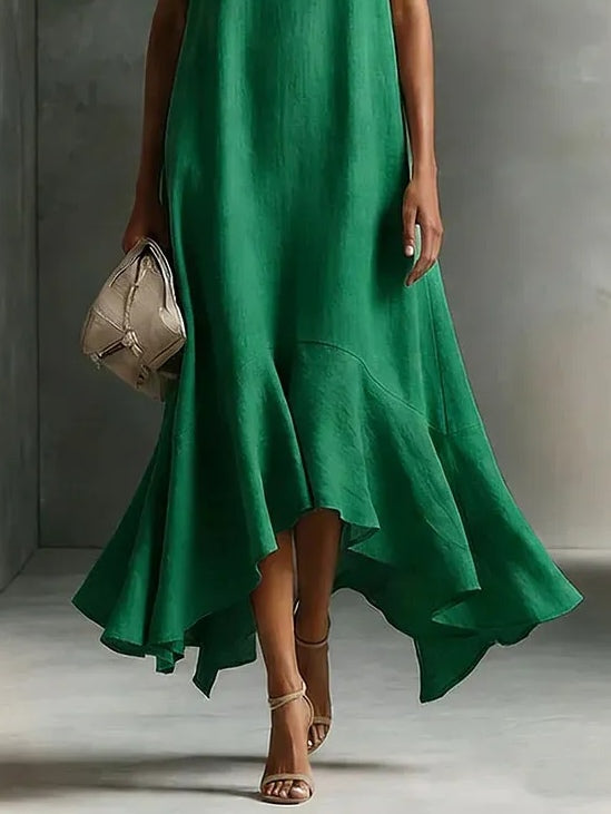 Elegantes Damen Maxikleid in Blau mit V-Ausschnitt und ärmellosem Design von vorne