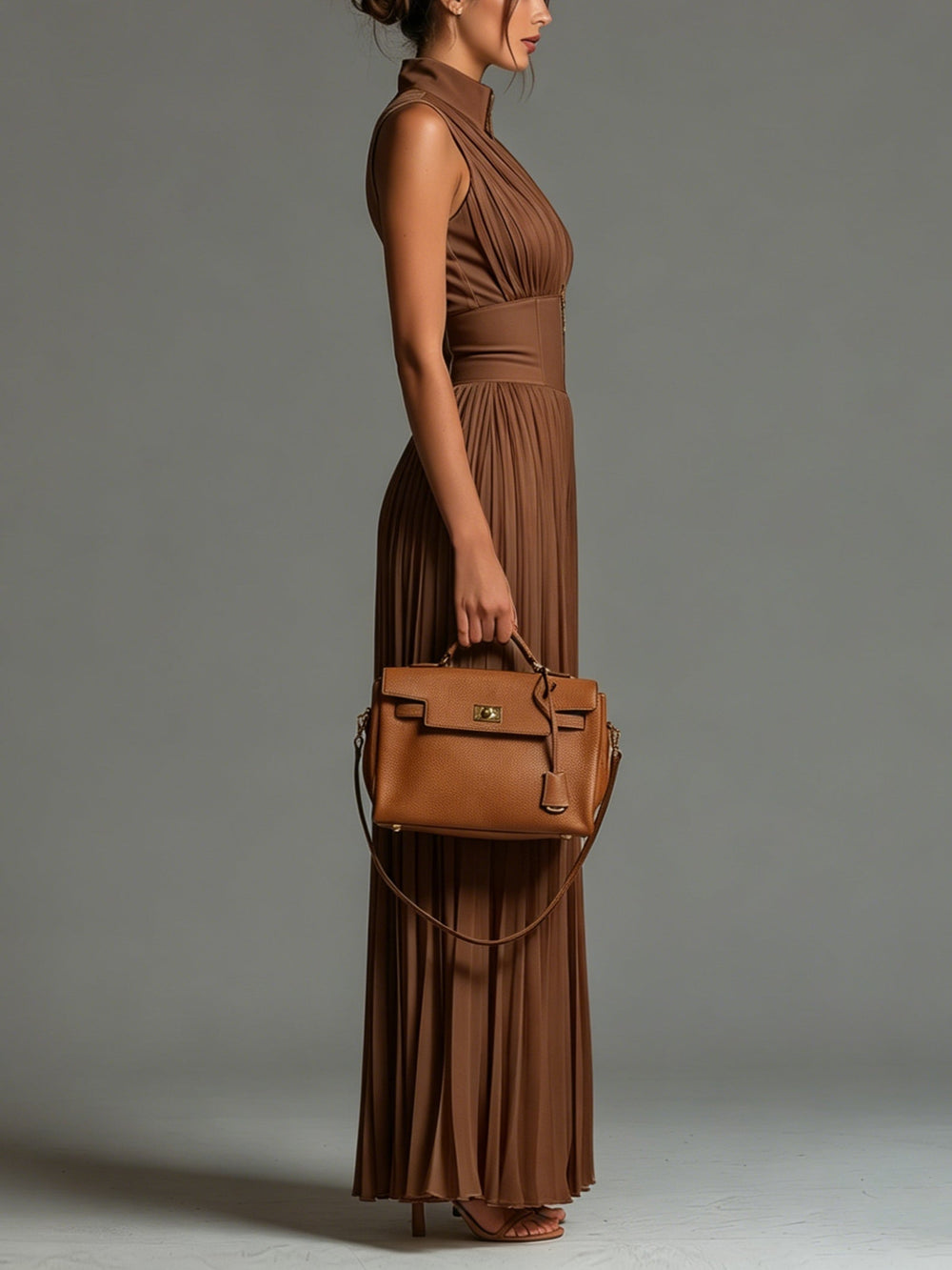 Damen Plissee Jumpsuit in Karamell Seitenansicht