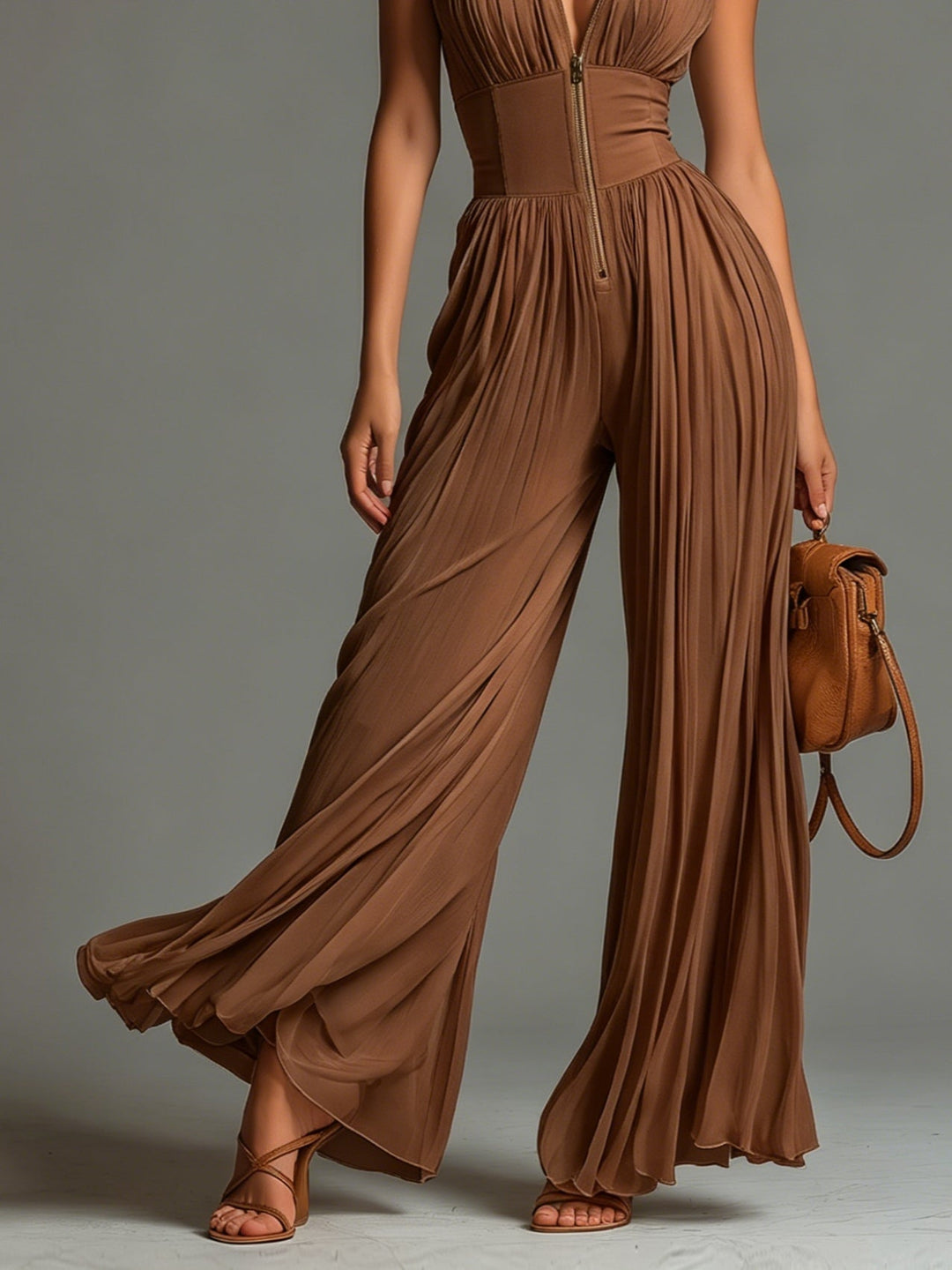 Plissee Jumpsuit für Damen in warmer Karamellfarbe, stilvoller Sommer Overall