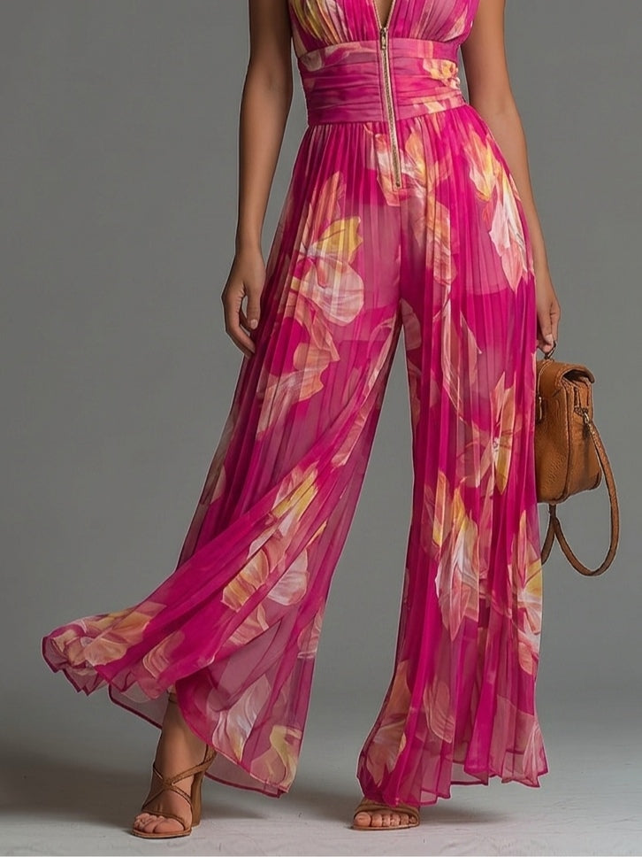Ärmelloser Damen Plissee-Overall in Fuchsia mit V-Ausschnitt. Stylischer Sommer Jumpsuit mit weitem Bein für festliche Events.