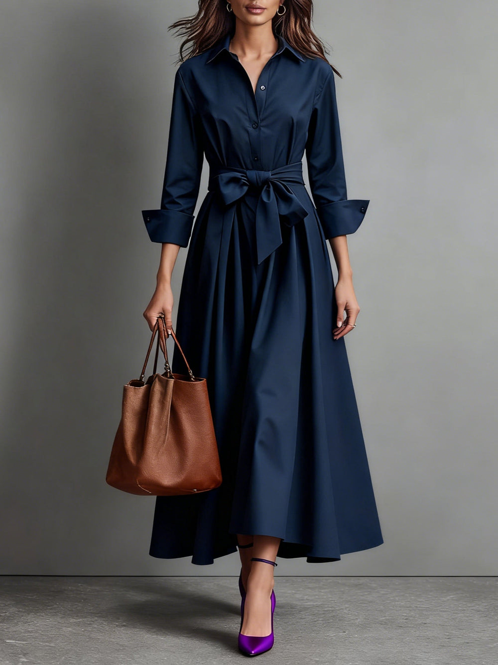 Damen Maxikleid in Marineblau mit stilvollem Kragen und Tasche