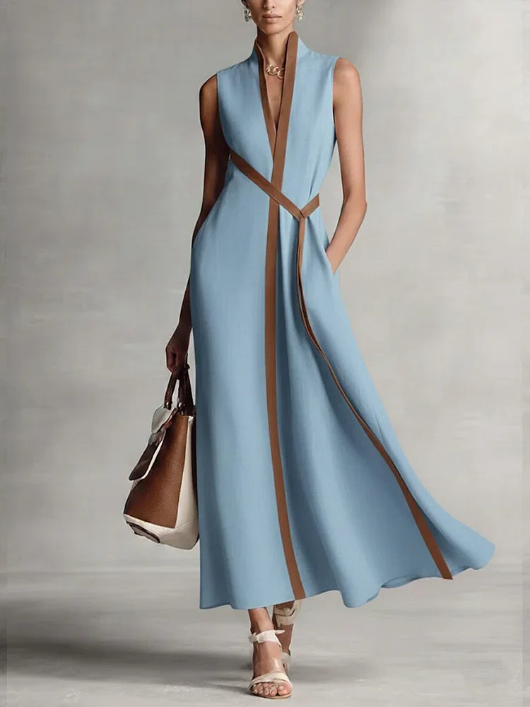 Schickes Damen Sommer Maxikleid, ärmellos, mit Stehkragen und Bindegürtel, elegant und bequem.