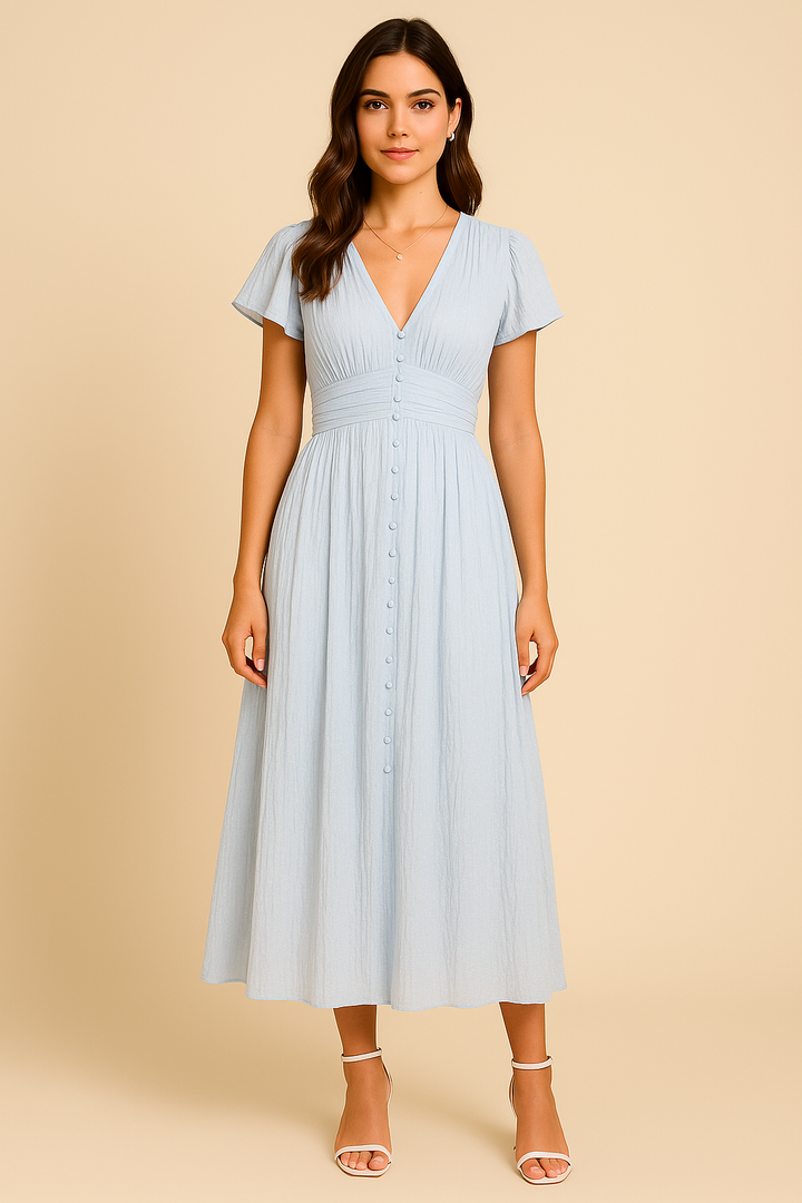 Damen Maxikleid in Himmelblau mit V-Ausschnitt und Knopfleiste von vorne