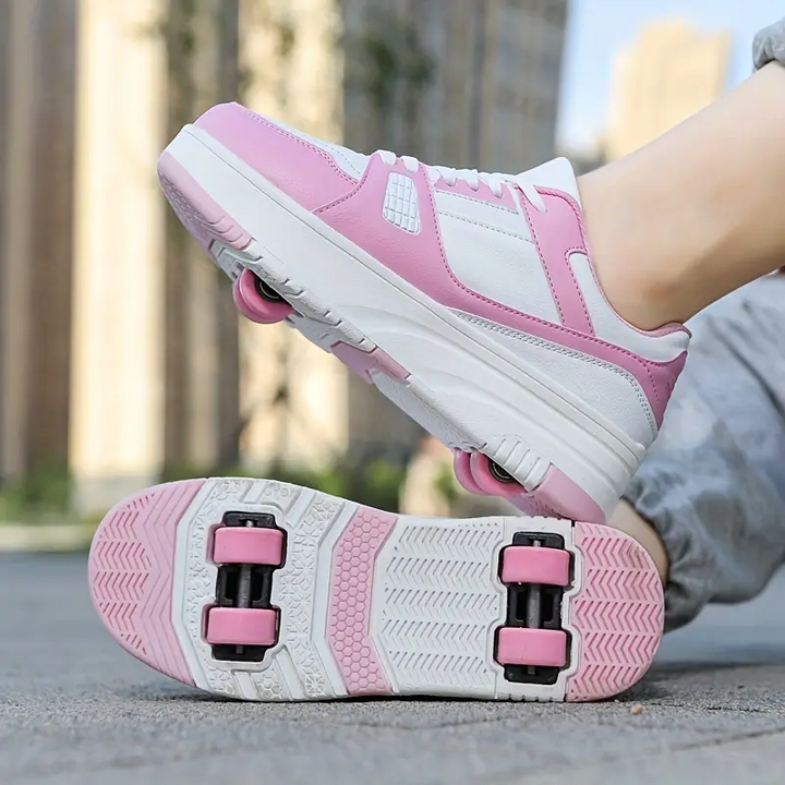 Weiße und rosa Rollschuhe Sneaker, Damen, Outdoor, Freizeit, sportlich, bequem.