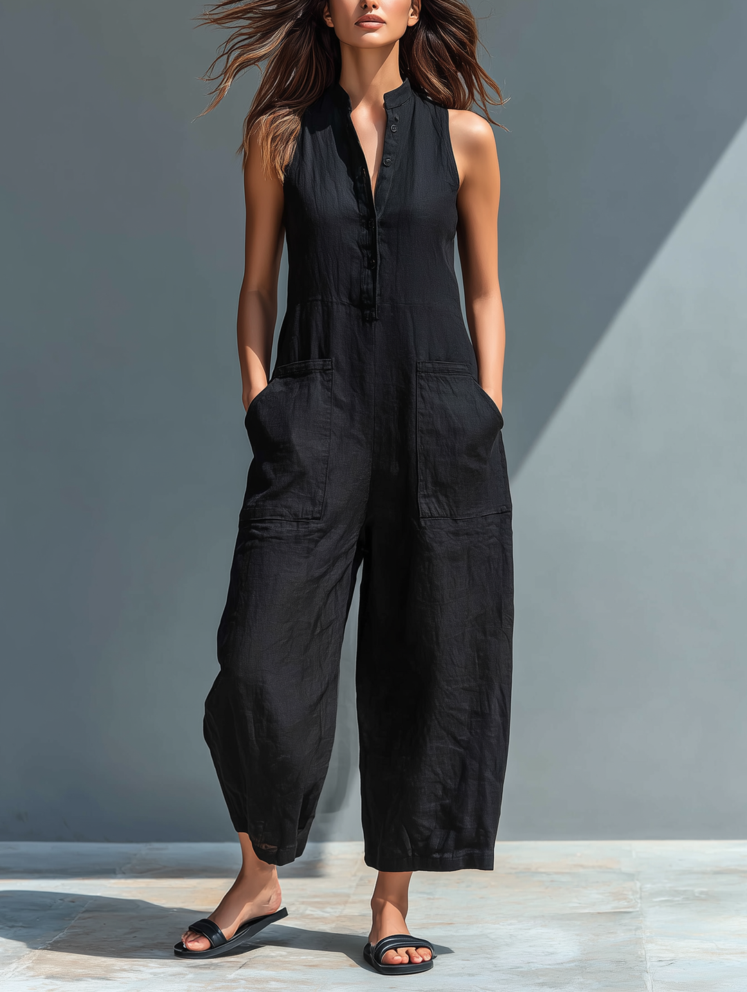 Damen Overall ärmellos schwarz, lässiger Stil