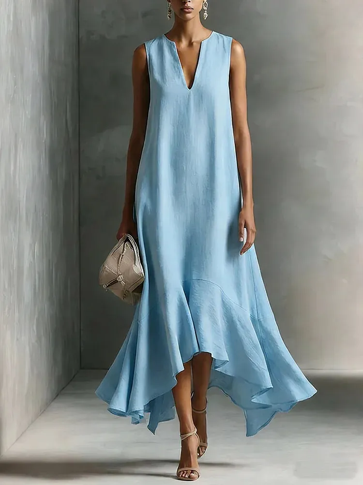 Damenmode Maxikleid unifarben, Nahaufnahme des leichten Stoffes
