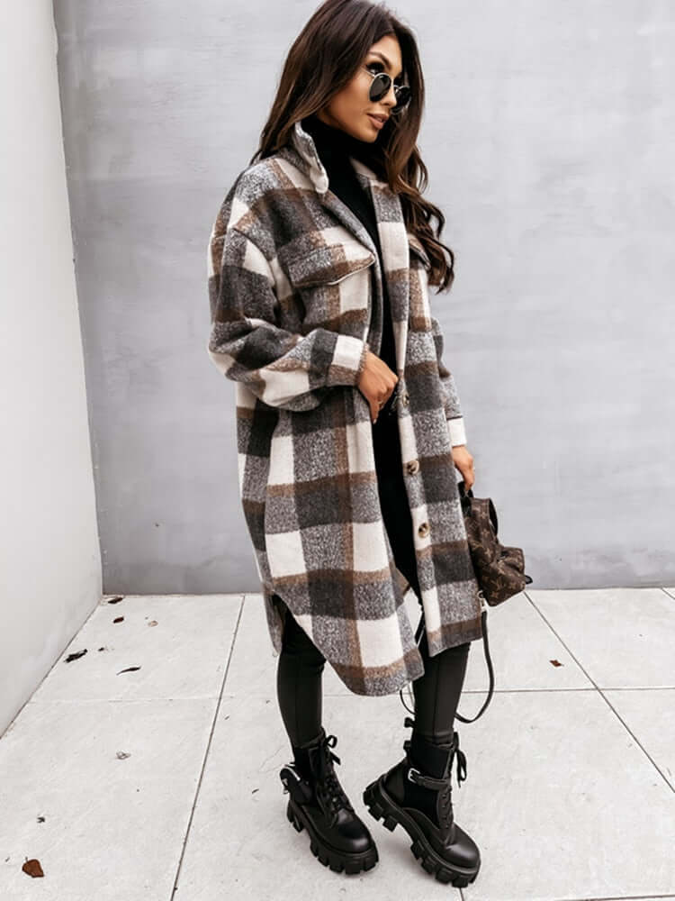 Damen Oversized Karo-Jacke: Langer Mantel