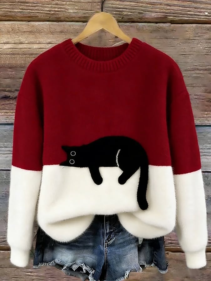 Weicher Freizeitpullover mit Katzenmotiv für Damen in hochwertiger Verarbeitung