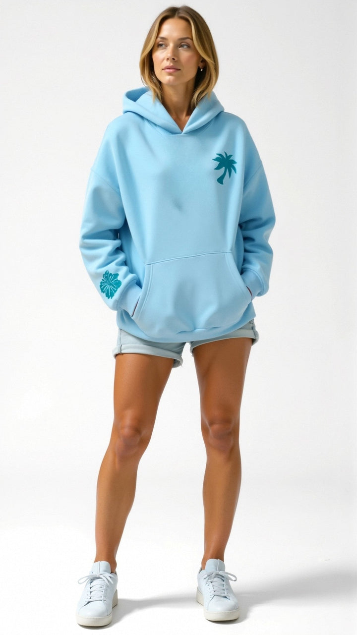 "Abigail Bestickter Kapuzenpullover, tropisches Design, Rückenansicht, bestickte Motive, gemütlicher, eleganter Hoodie"