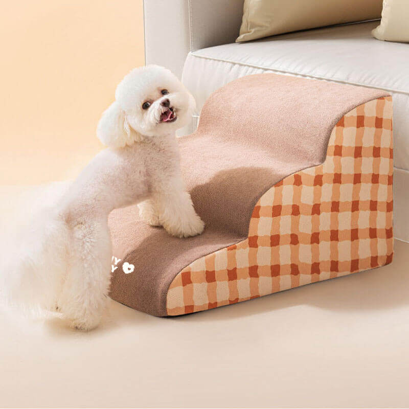 "Abnehmbare Hundetreppe für Haustiere, schlichtes Muster, weicher Schaumstoff, rutschfest, ideal für Sofa oder Bett."