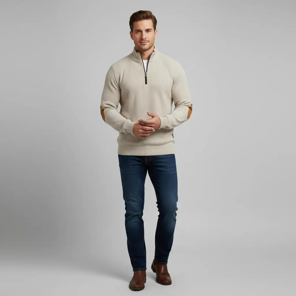 Beige - Herren Pullover Mit Gerippten Bündchen