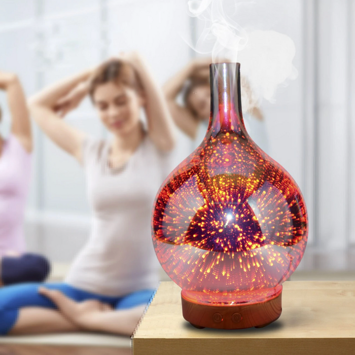 "Aromadiffuser mit LED-Lichtshow in bunten Farben und modernem Glasdesign für Aromatherapie und Entspannung"