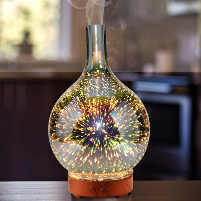 "Aromadiffuser mit LED-Lichtshow in bunten Farben und modernem Glasdesign für Aromatherapie und Entspannung"