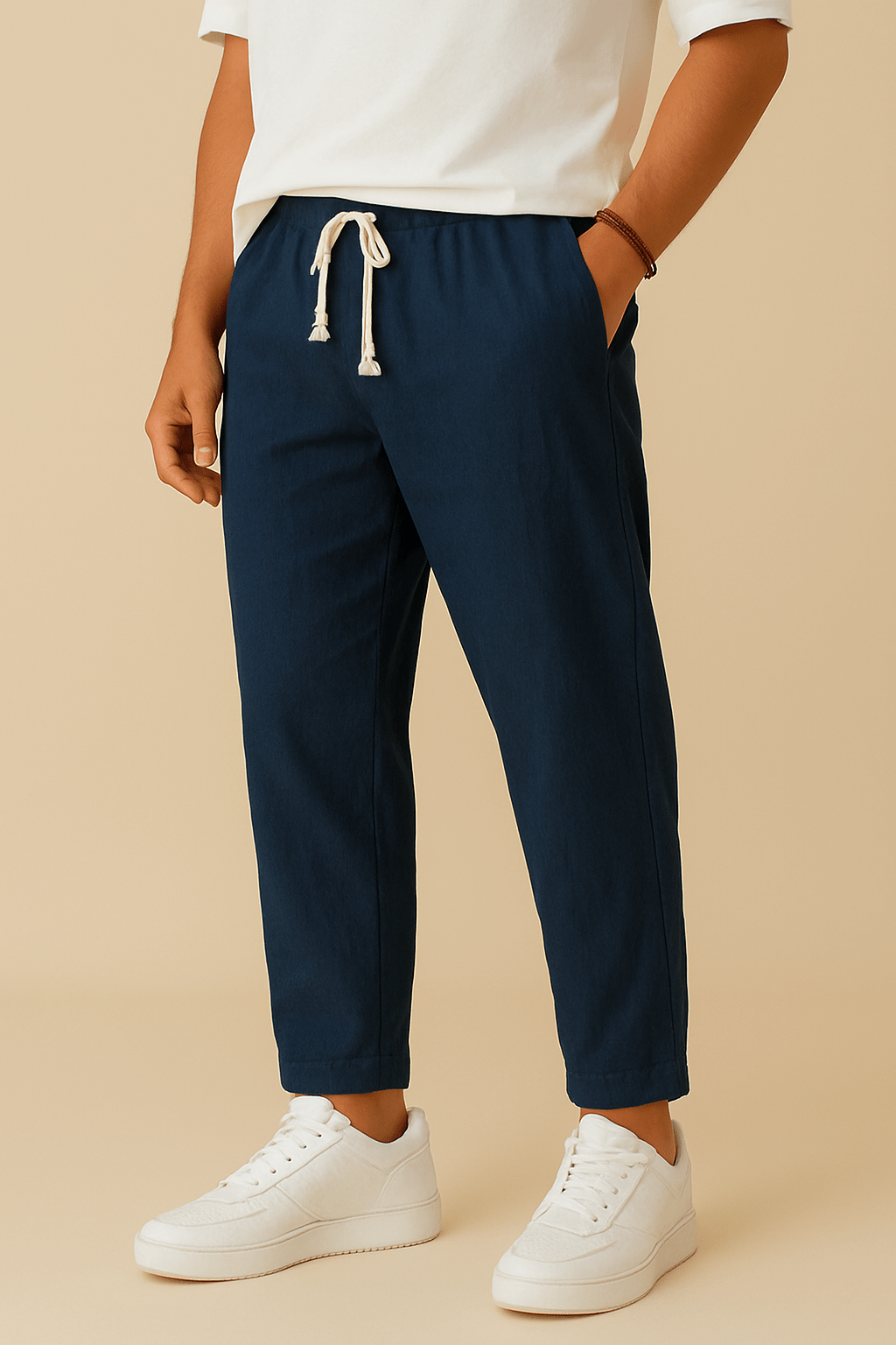 Herren Sommerhose in Blau mit Kordelzug und weißem T-Shirt