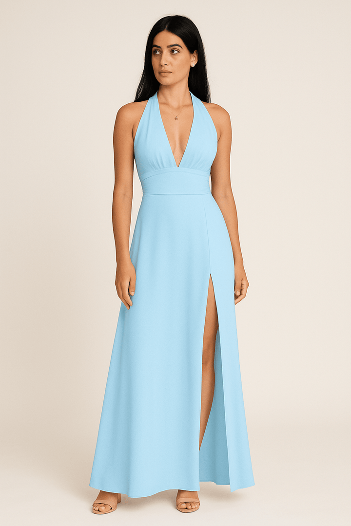 Damen Maxikleid in Himmelblau mit Neckholder und Schlitz vorne
