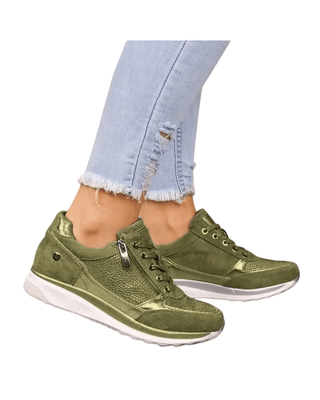 Grau-blaue Damen Sneaker mit seitlichem Reißverschluss. Modisch, leicht & atmungsaktiv für sportlichen Komfort.