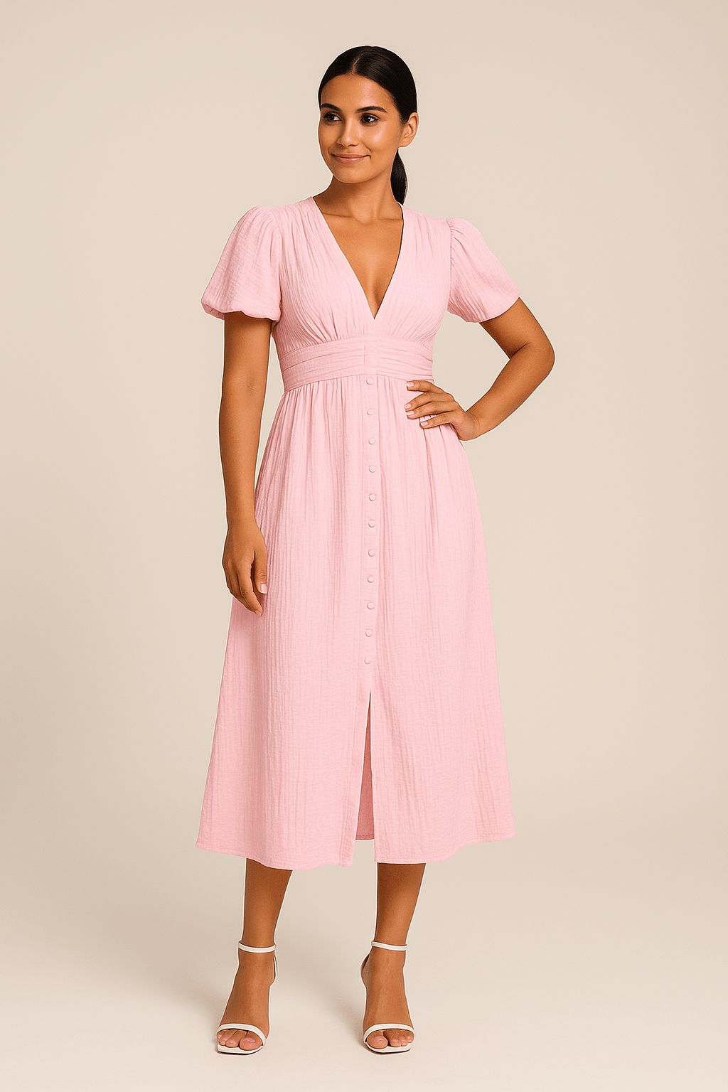 Elegantes Damen Maxikleid in Blau mit V-Ausschnitt, Puffärmeln und Knöpfen für den Sommer