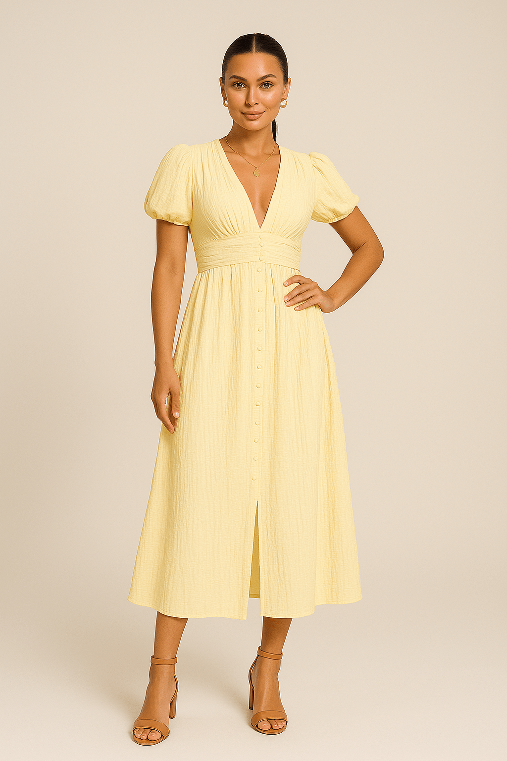 Damen Maxikleid in Gelb mit Puffärmeln und tailliertem Schnitt