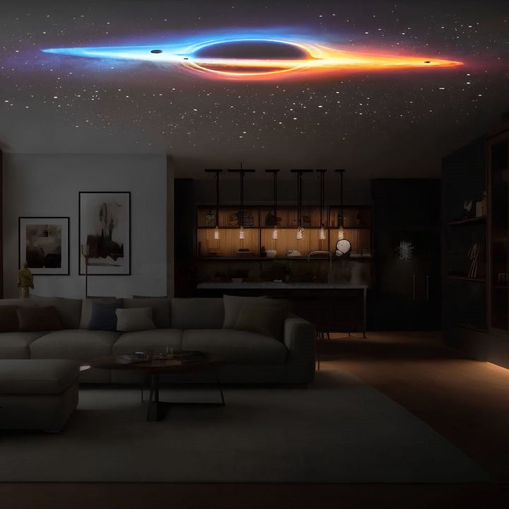 "AstroGlow Projektorlampe projiziert Sternenhimmel an Zimmerdecke, schafft magische Atmosphäre, ideal für Entspannung."