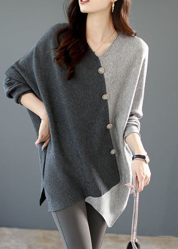 Asymmetrisches Patchwork-Strickshirt für Damen in lockerer Passform; bequemes Herbst/Winter Oberteil.