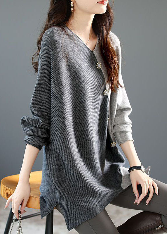 Modernes Damen Patchwork-Strickshirt, asymmetrisch und locker, ideal für Casual-Looks im Herbst/Winter.