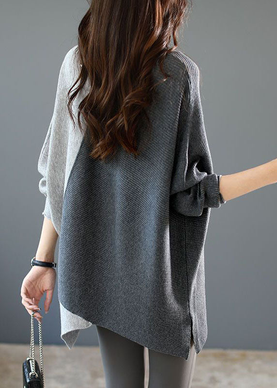 Lockeres Damen Strickshirt mit asymmetrischem Patchwork-Design; stilvoller, bequemer Pullover für den Winter.