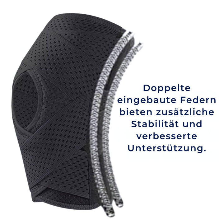 Atmungsaktive FlexGuard Kniebandage mit verstellbaren Riemen und Federstützen für Stabilität und Komfort beim Sport.
