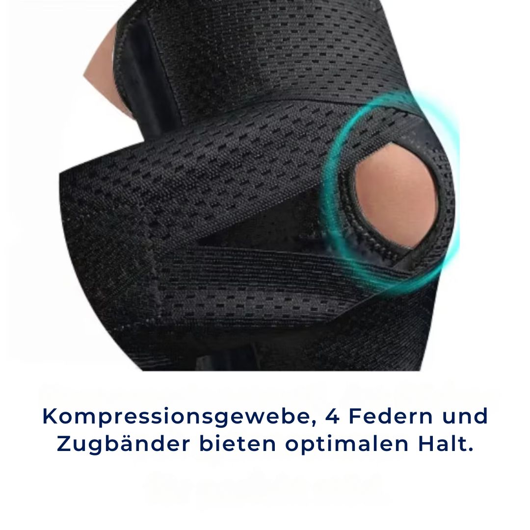 Atmungsaktive FlexGuard Kniebandage mit verstellbaren Riemen und Federstützen für Stabilität und Komfort beim Sport.