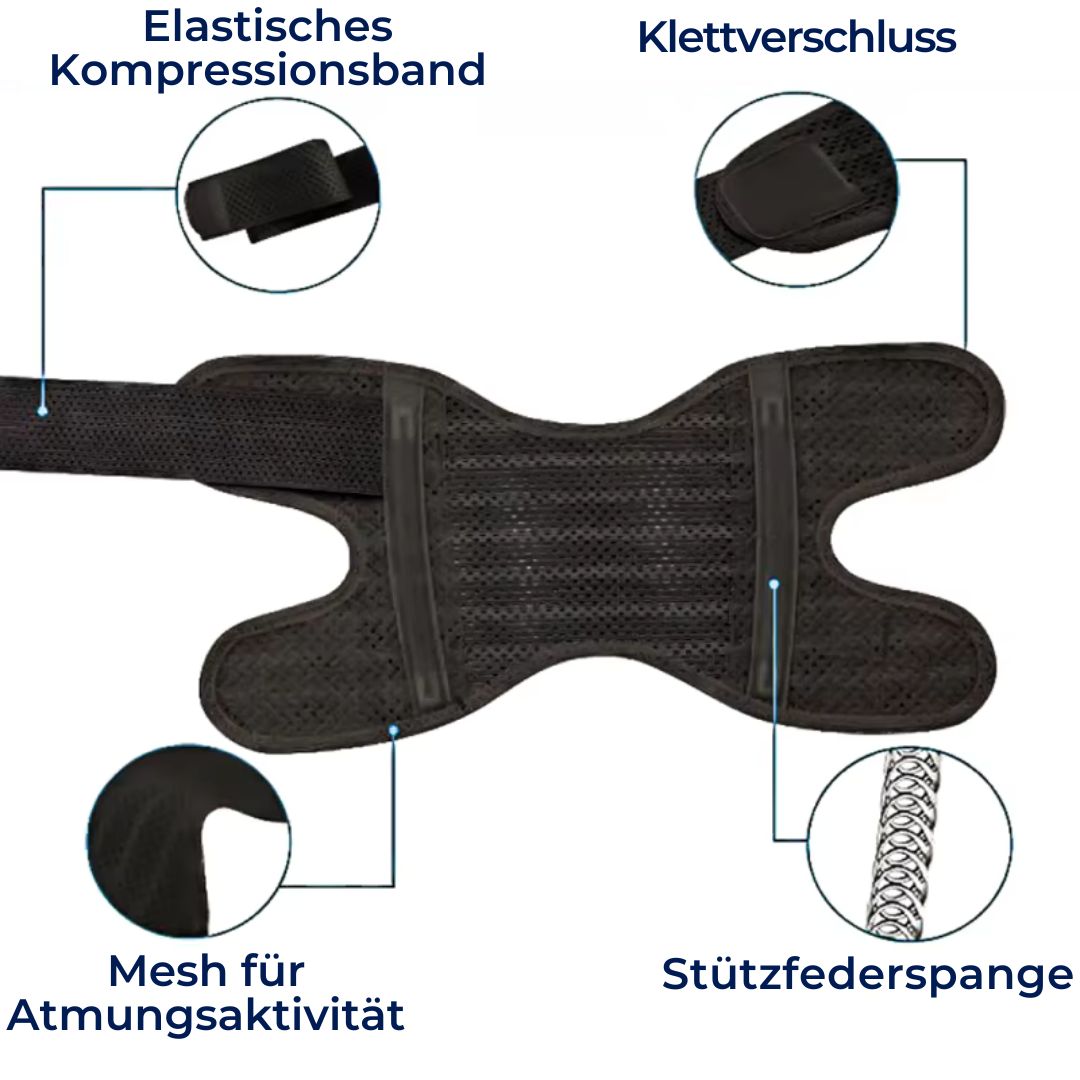 Atmungsaktive FlexGuard Kniebandage mit verstellbaren Riemen und Federstützen für Stabilität und Komfort beim Sport.