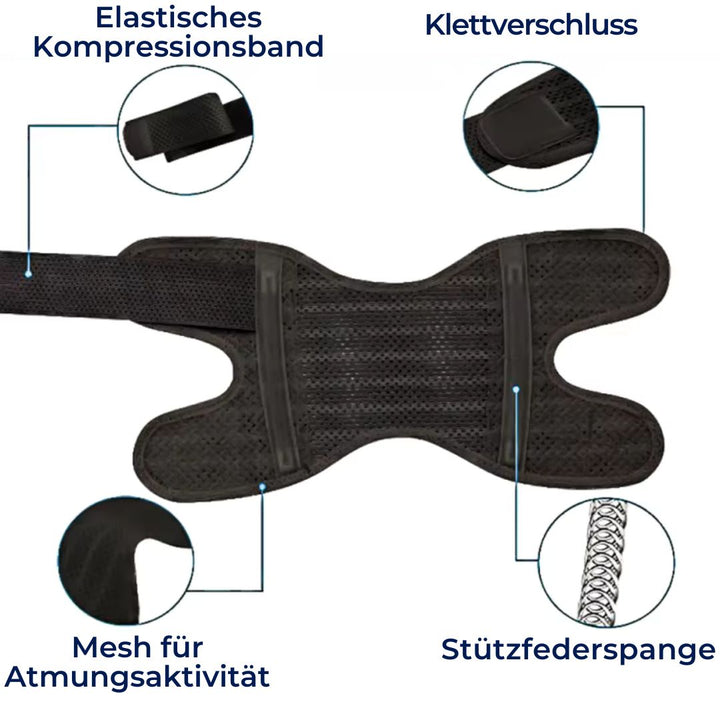 Atmungsaktive FlexGuard Kniebandage mit verstellbaren Riemen und Federstützen für Stabilität und Komfort beim Sport.