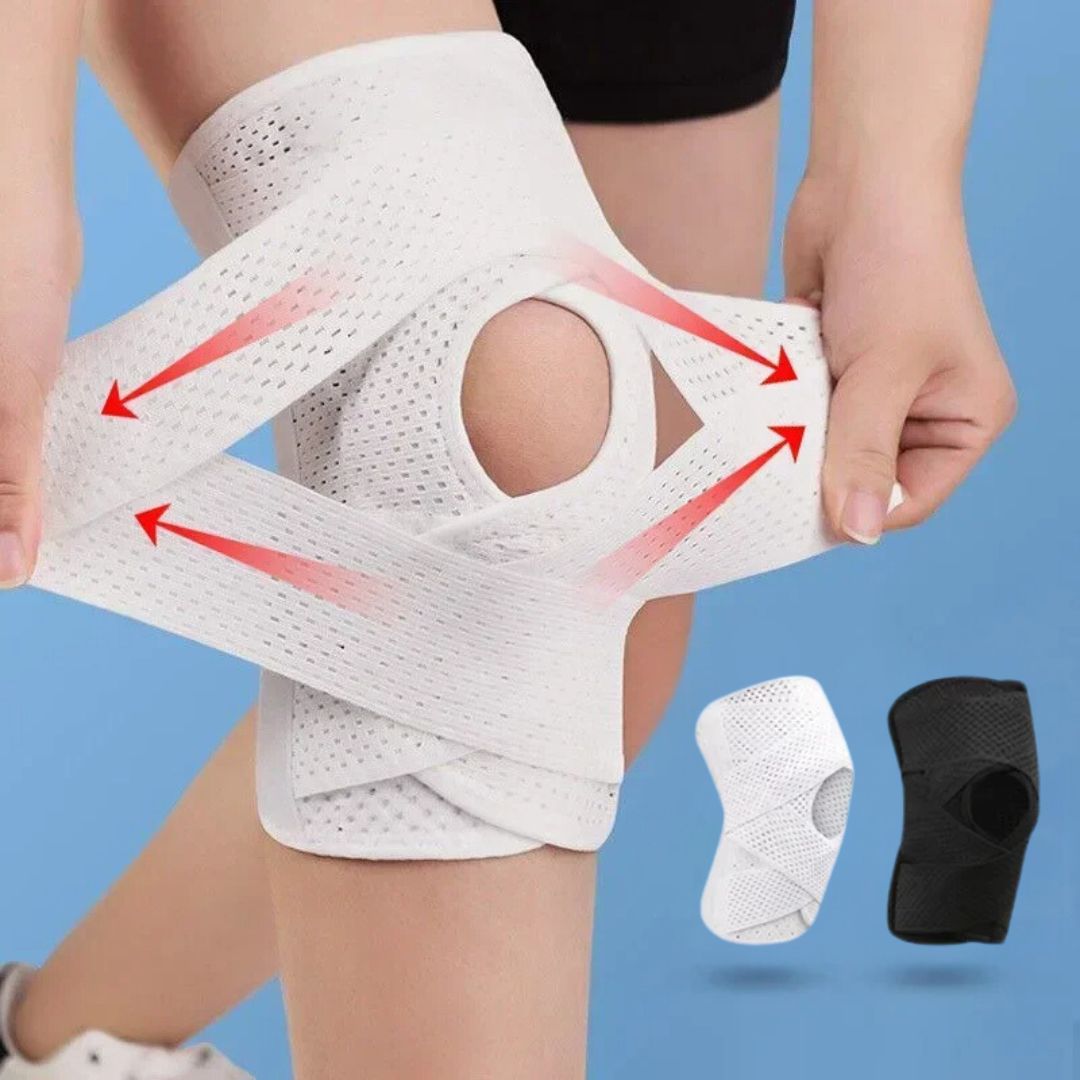 Atmungsaktive FlexGuard Kniebandage mit verstellbaren Riemen und Federstützen für Stabilität und Komfort beim Sport.