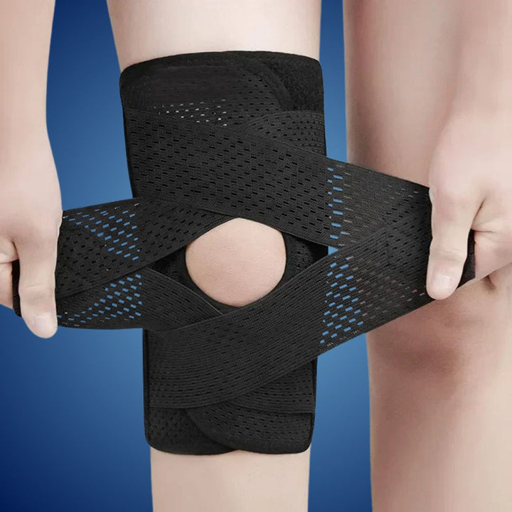 Atmungsaktive FlexGuard Kniebandage mit verstellbaren Riemen und Federstützen für Stabilität und Komfort beim Sport.