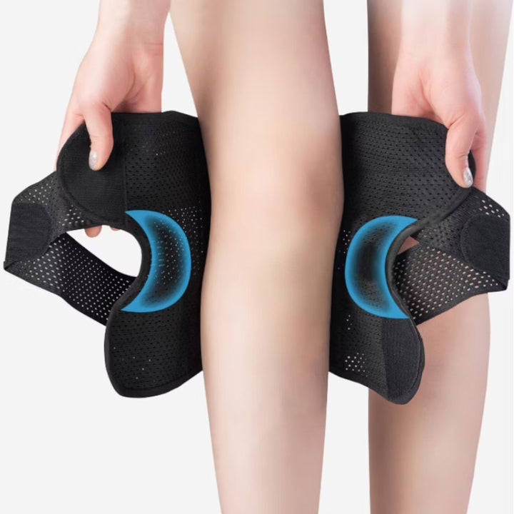 Atmungsaktive FlexGuard Kniebandage mit verstellbaren Riemen und Federstützen für Stabilität und Komfort beim Sport.