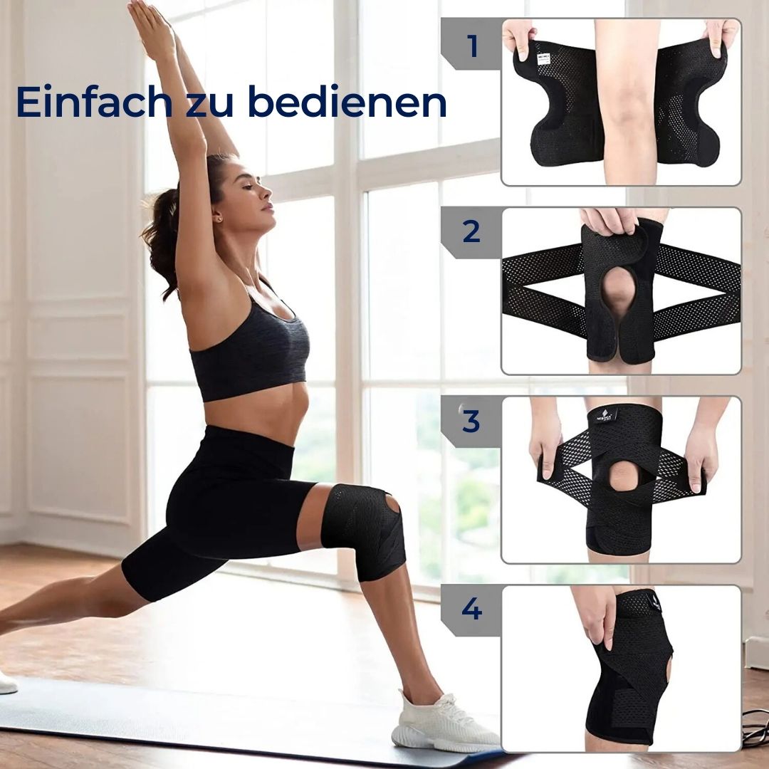Atmungsaktive FlexGuard Kniebandage mit verstellbaren Riemen und Federstützen für Stabilität und Komfort beim Sport.