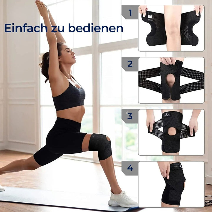 Atmungsaktive FlexGuard Kniebandage mit verstellbaren Riemen und Federstützen für Stabilität und Komfort beim Sport.