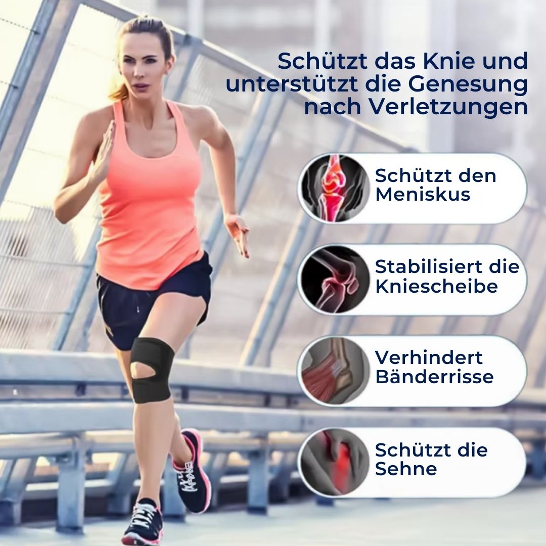 Atmungsaktive FlexGuard Kniebandage mit verstellbaren Riemen und Federstützen für Stabilität und Komfort beim Sport.