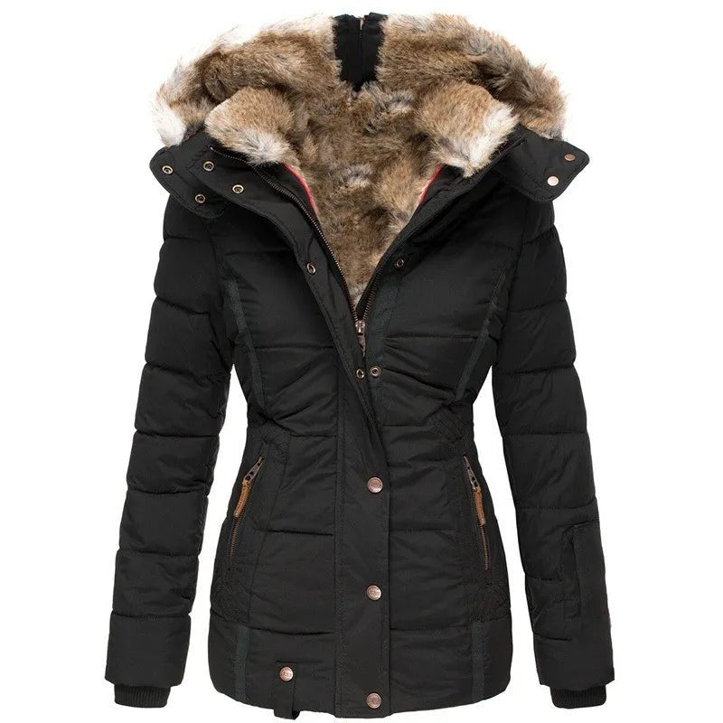 Schwarzer Damen Winterparka mit großer Kapuze und taillierter Passform