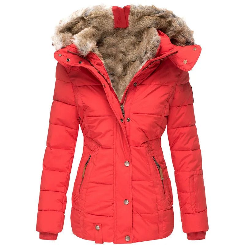 Schicker Damen Wintermantel mit gestepptem Design und Fellimitat an der Kapuze