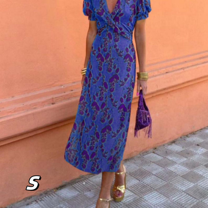 Elegantes Abendkleid lang mit floralem Print im Detail