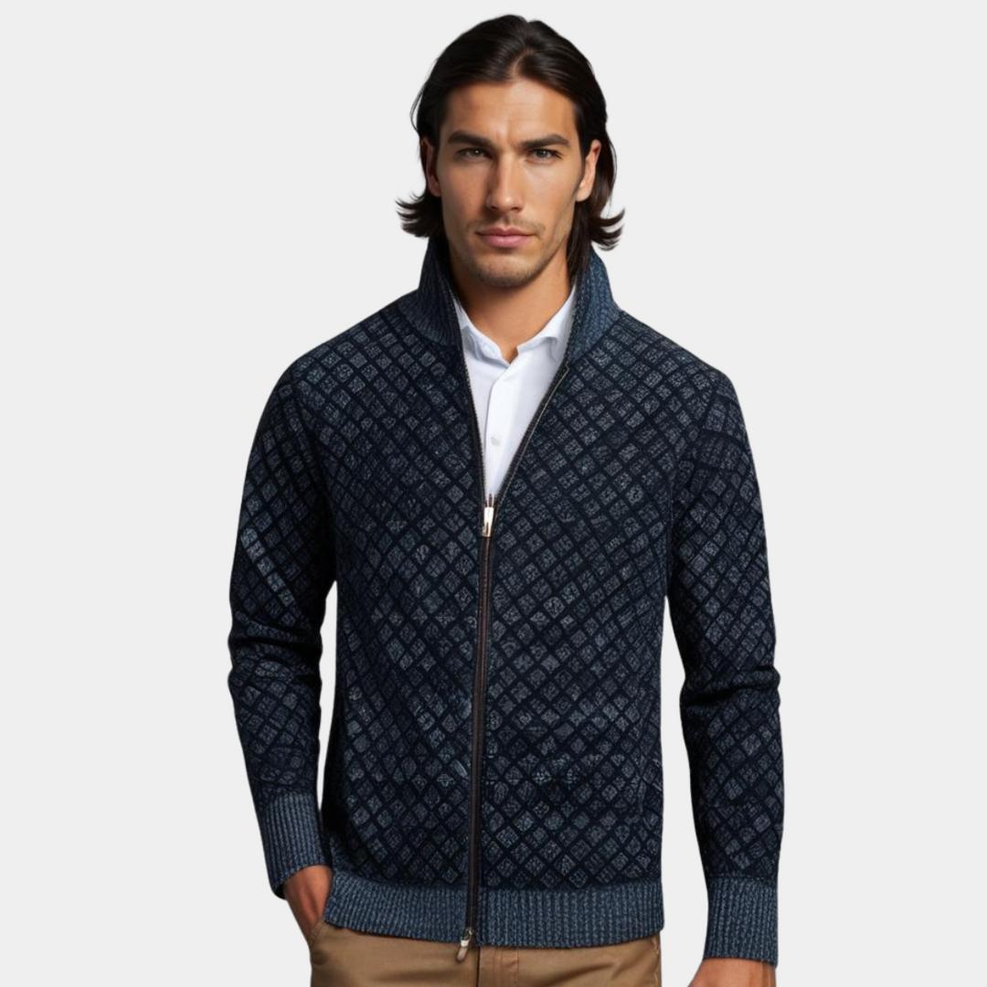 Dunkelblaue Herren Strickjacke elegant präsentiert an einem Model