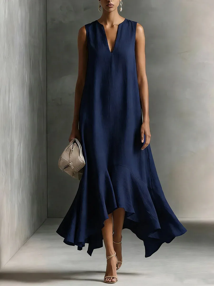 Schickes Sommer Maxikleid ärmellos, Seitenansicht der fließenden Passform