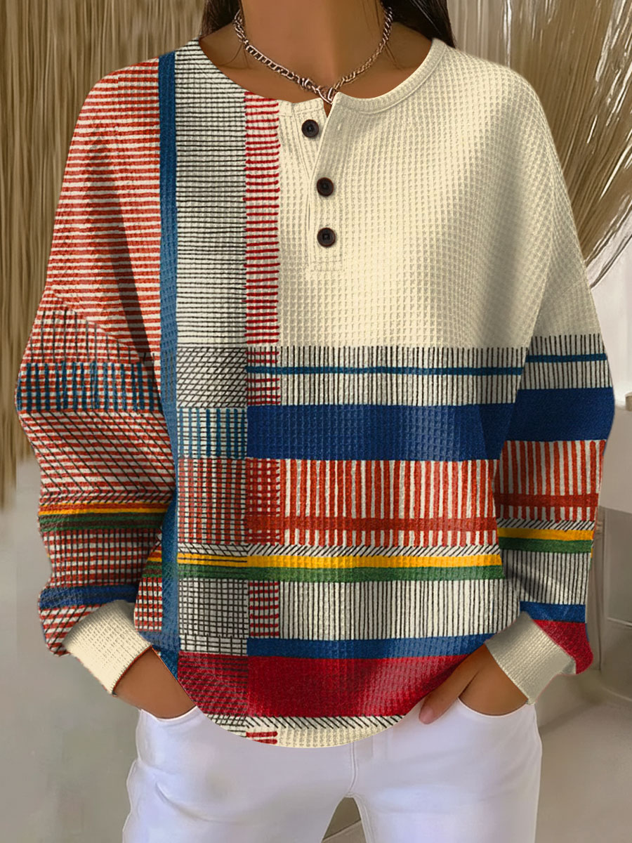 Beige Damen Waffelstrick Langarm Pullover für Herbst- und Wintermode