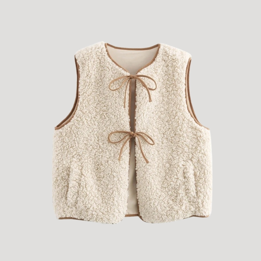 Beige Damen Frühlingsweste mit Bindeband vorne, perfekt für lässige Übergangslooks.