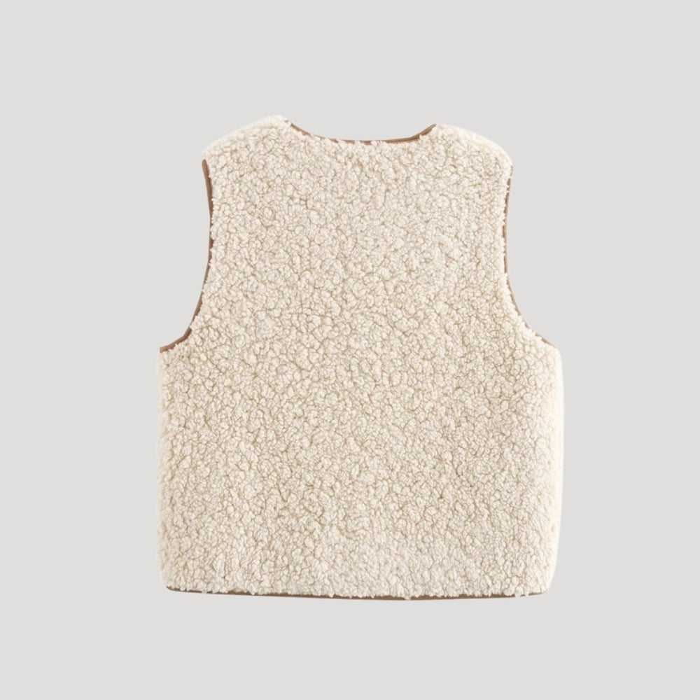 Modische Damen Übergangsweste für den Frühling in Beige, mit stylischer Schnürung vorne.